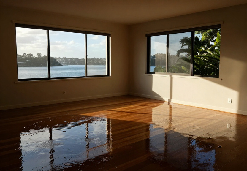 Flooded living room in Acacia Gardens before restoration